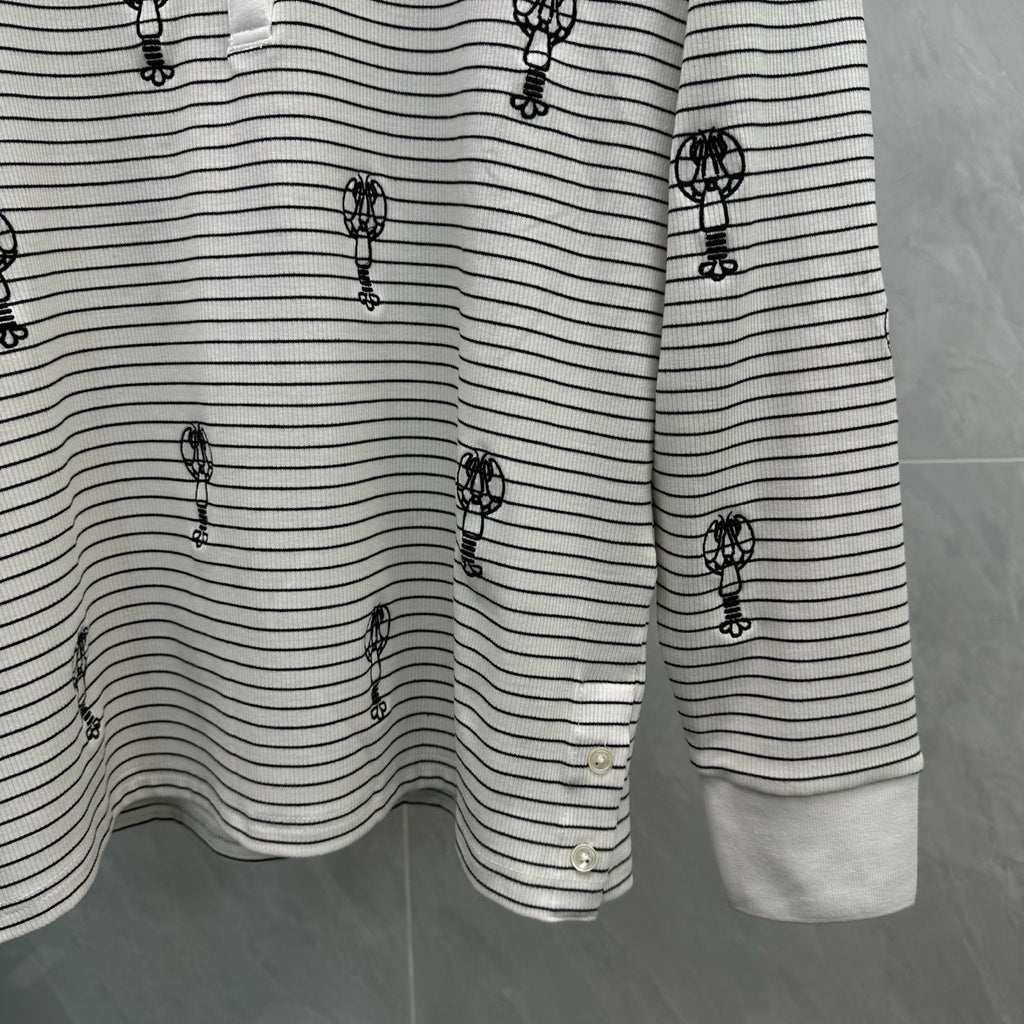 Thom Browne Style Balloon-Embroidered Striped Long-Sleeve Polo