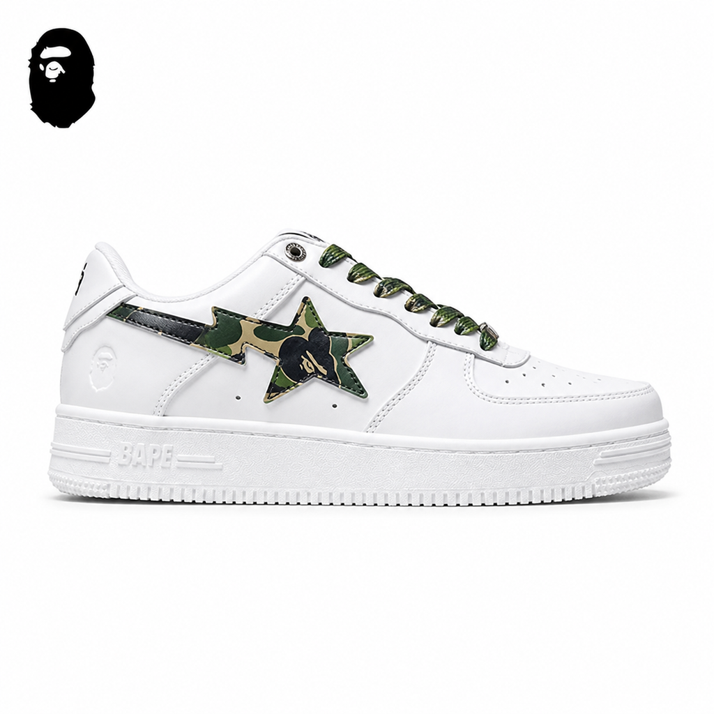 BAPE STA Tokyo Low-Top Sneakers - White/Green, single side view on a white background