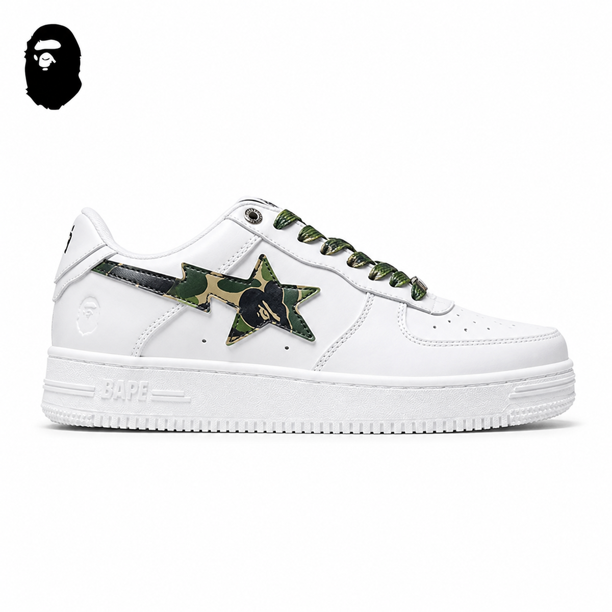 BAPE STA Tokyo Low-Top Sneakers - White/Green, single side view on a white background