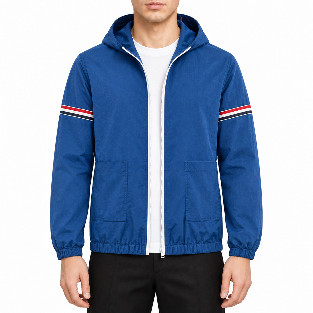 Unisex lightweight jacket by Thom Browne, modeled on a pure white background