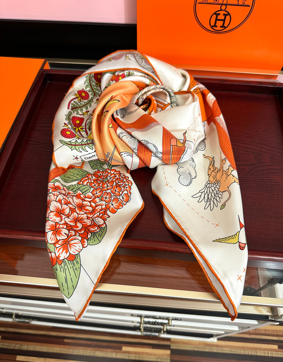 Hermes Style Poetic Journey Silk Scarf - Orange - Detail Image 3