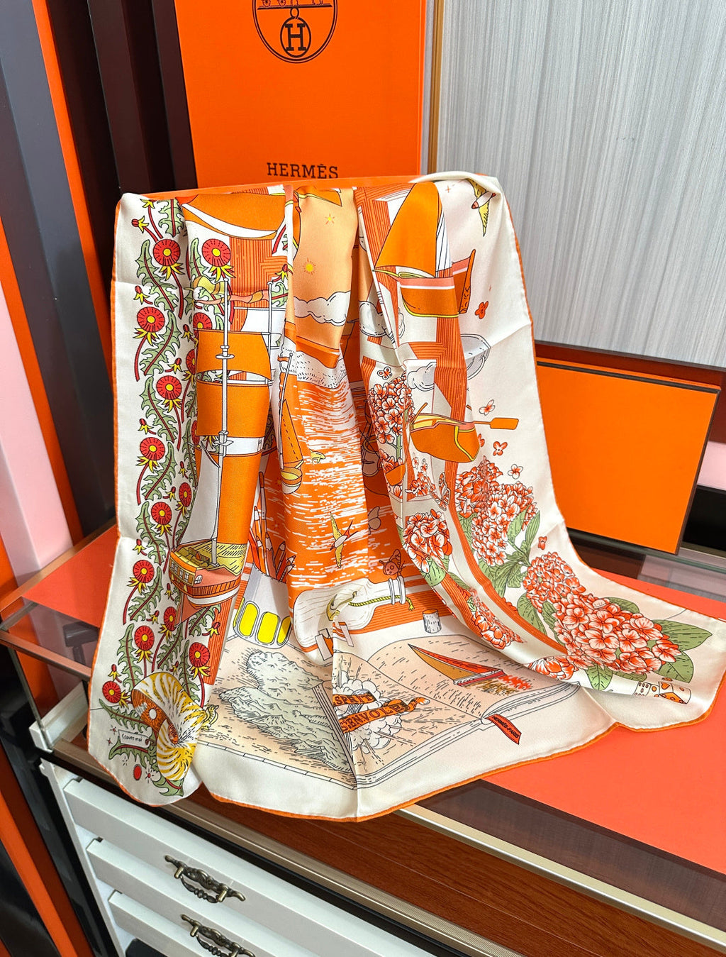 Hermes Style Poetic Journey Silk Scarf - Orange - Detail Image 4
