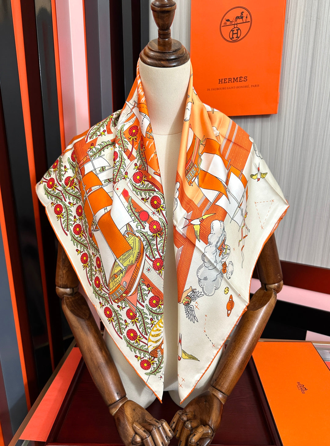 Hermes Style Poetic Journey Silk Scarf - Orange - Detail Image 7
