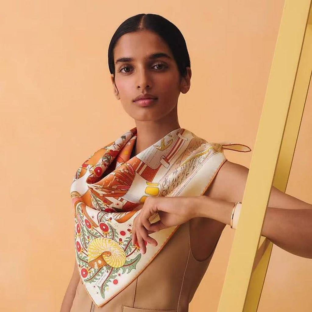 Hermes Style Poetic Journey Silk Scarf - Orange - Model Worn Main Image