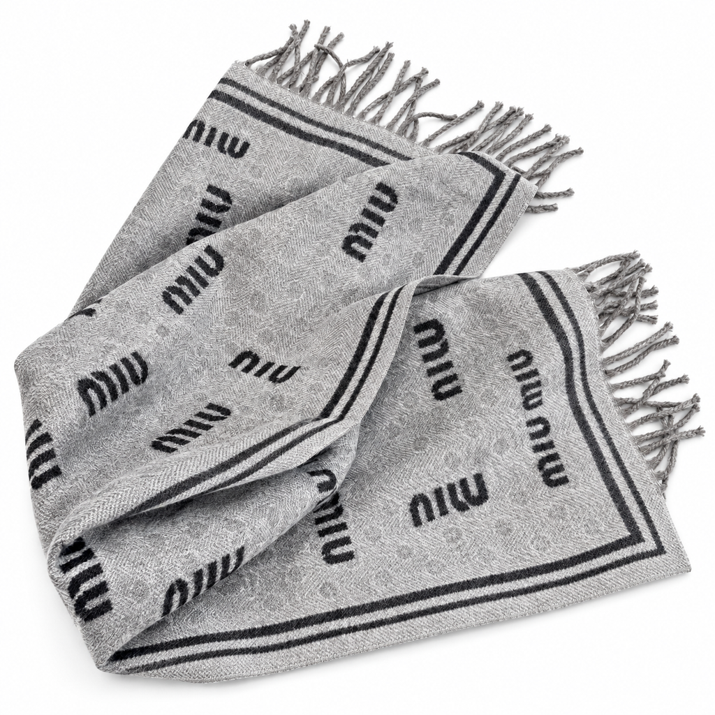 Miu Miu Style All-Over Logo Fringe Scarf in Gray