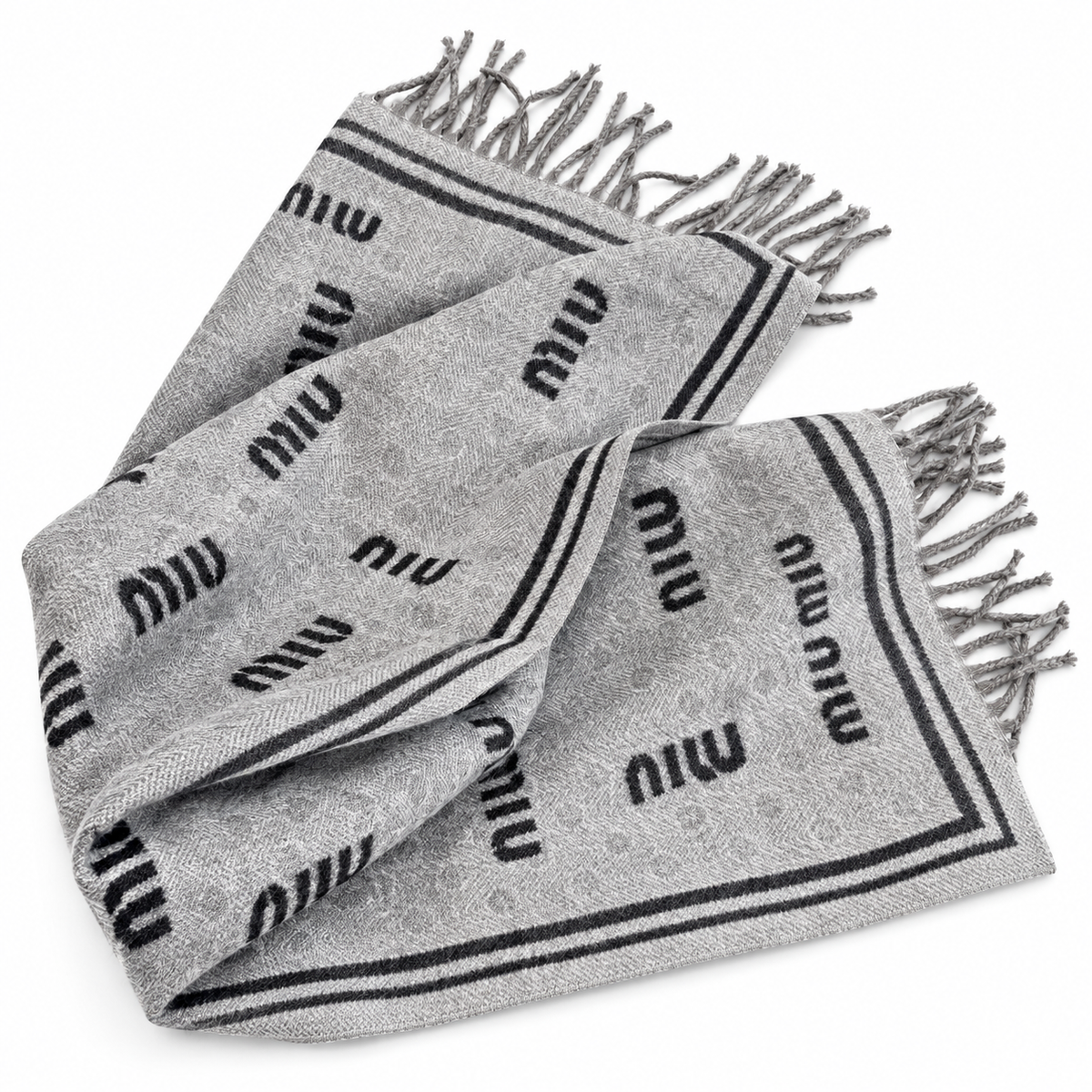 Miu Miu Style All-Over Logo Fringe Scarf in Gray