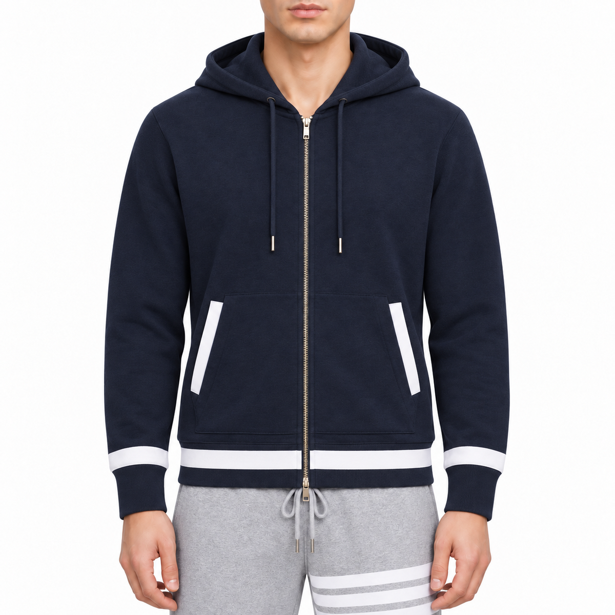 Sports Zipper Hoodie by Thom Browne, modeled on a pure white background