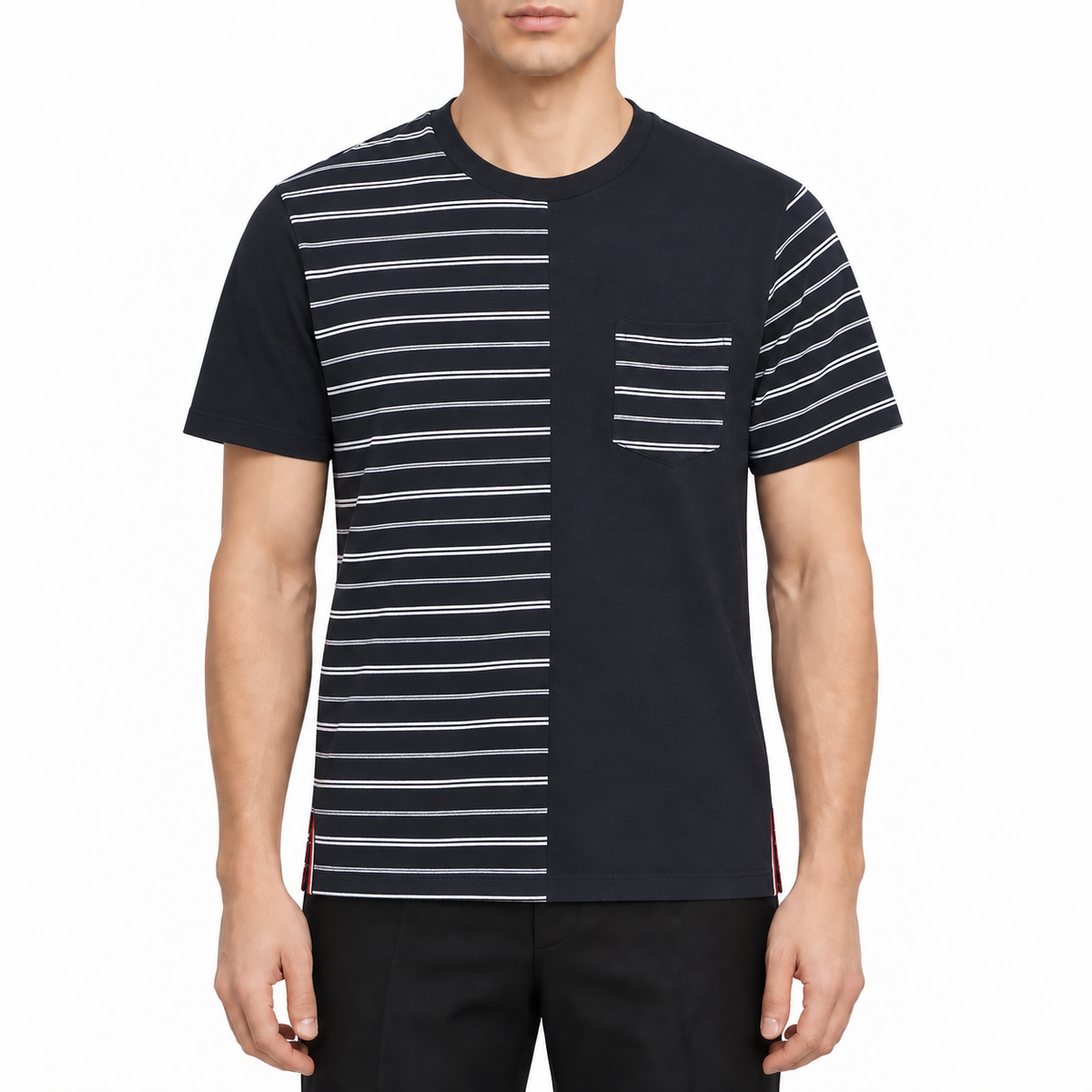 Short-sleeved T-shirt by Thom Browne, modeled on a pure white background