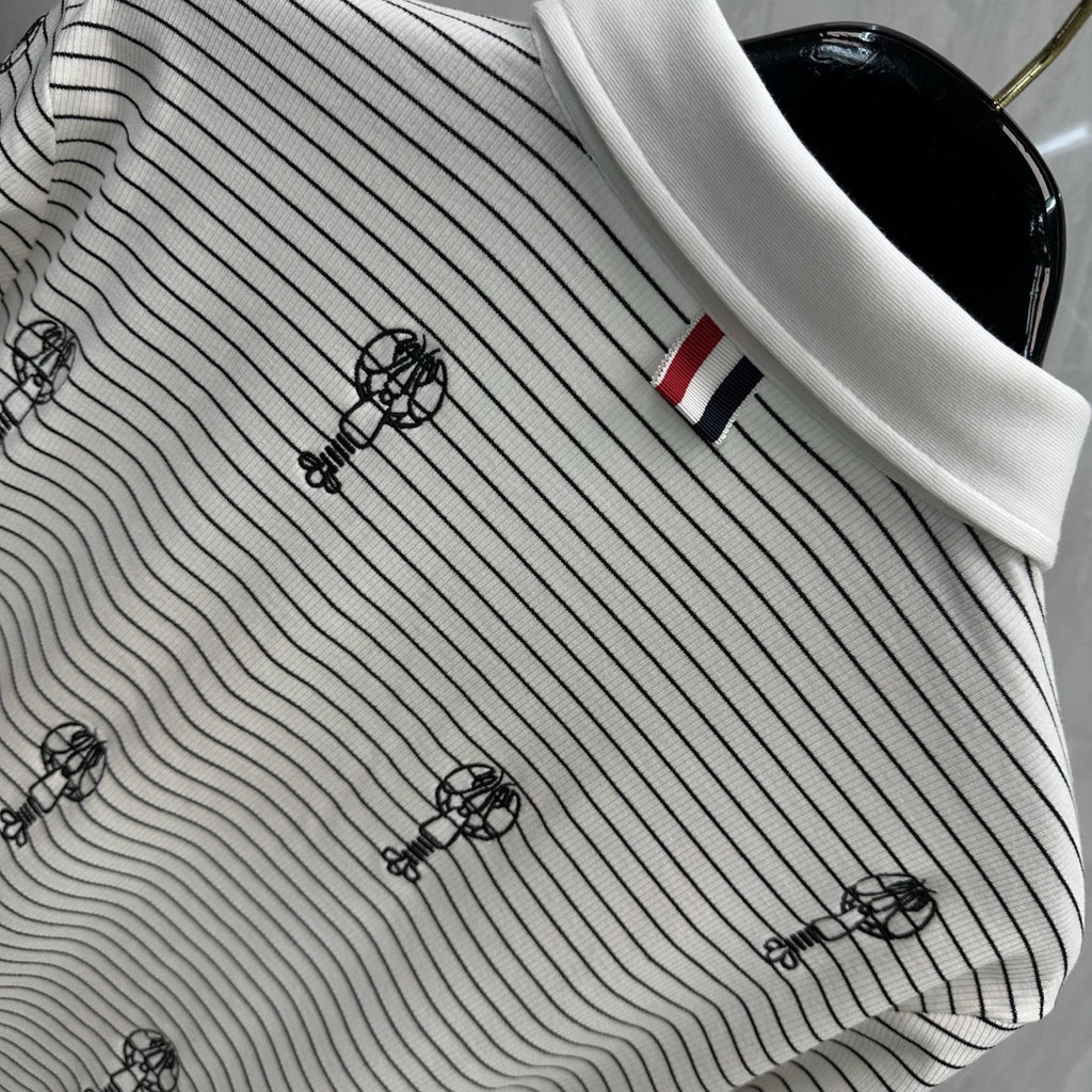 Thom Browne Style Balloon-Embroidered Striped Long-Sleeve Polo