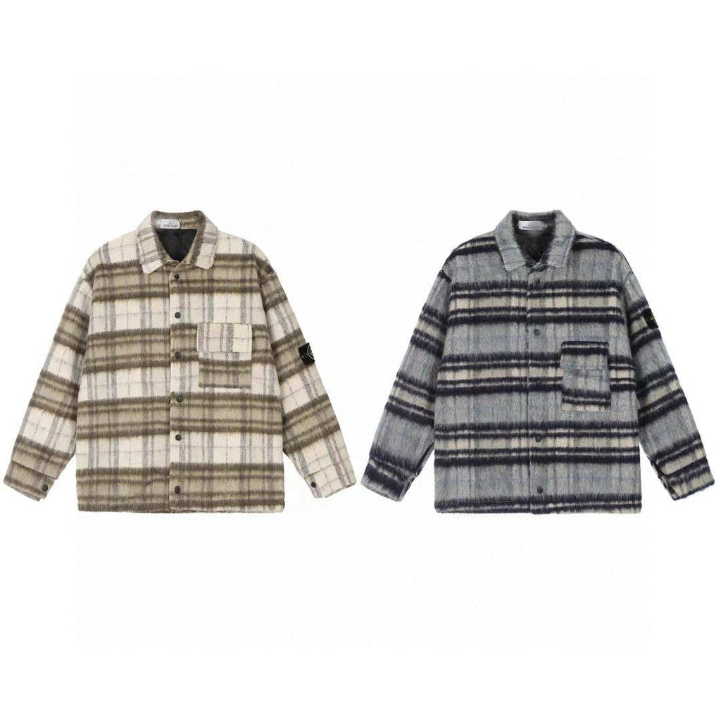 Stone Island Plaid Wool-Blend Compass Badge Lapel Coat - Blue product detail view