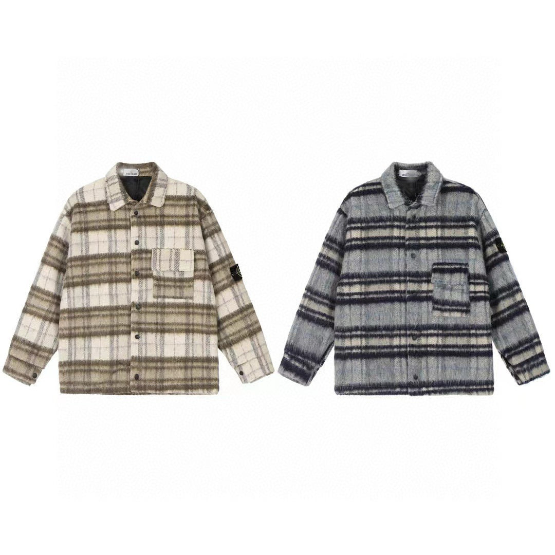 Stone Island Plaid Wool-Blend Compass Badge Lapel Coat - Blue product detail view