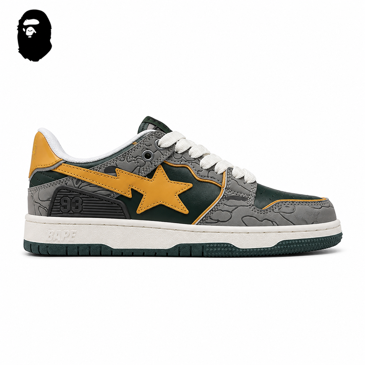 Human Made x BAPE STA SK8 Sneakers - Gray/Mustard, single side view on a white background