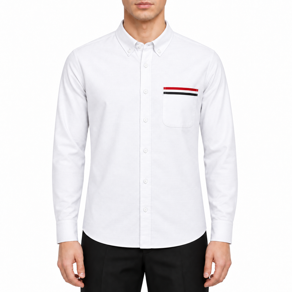 Casual Oxford shirt by Thom Browne, modeled on a pure white background