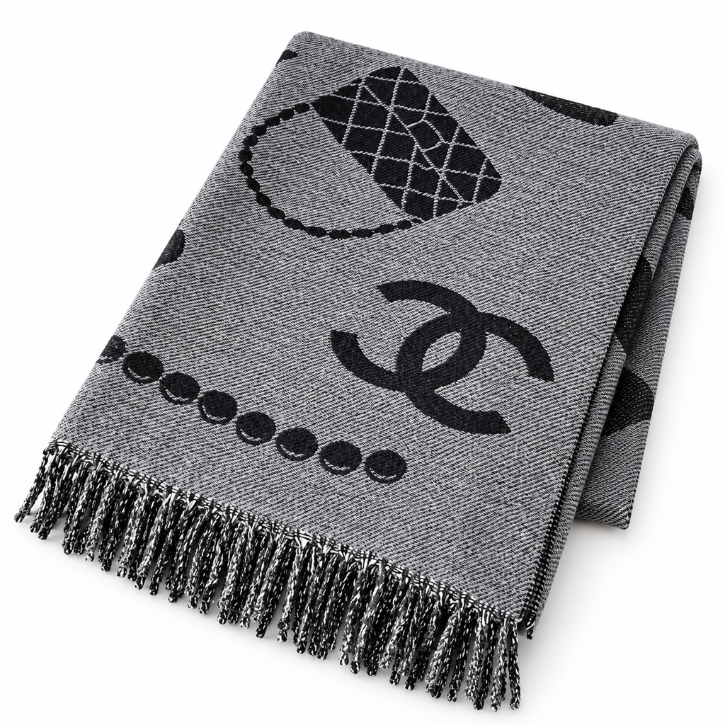 Chanel Style Jewelry Motif Fringe Scarf in Gray
