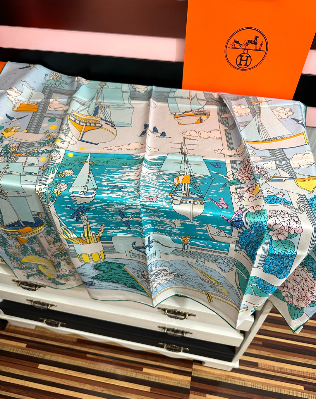 Hermes Style Poetic Journey Silk Scarf - Blue - Detail Image 5