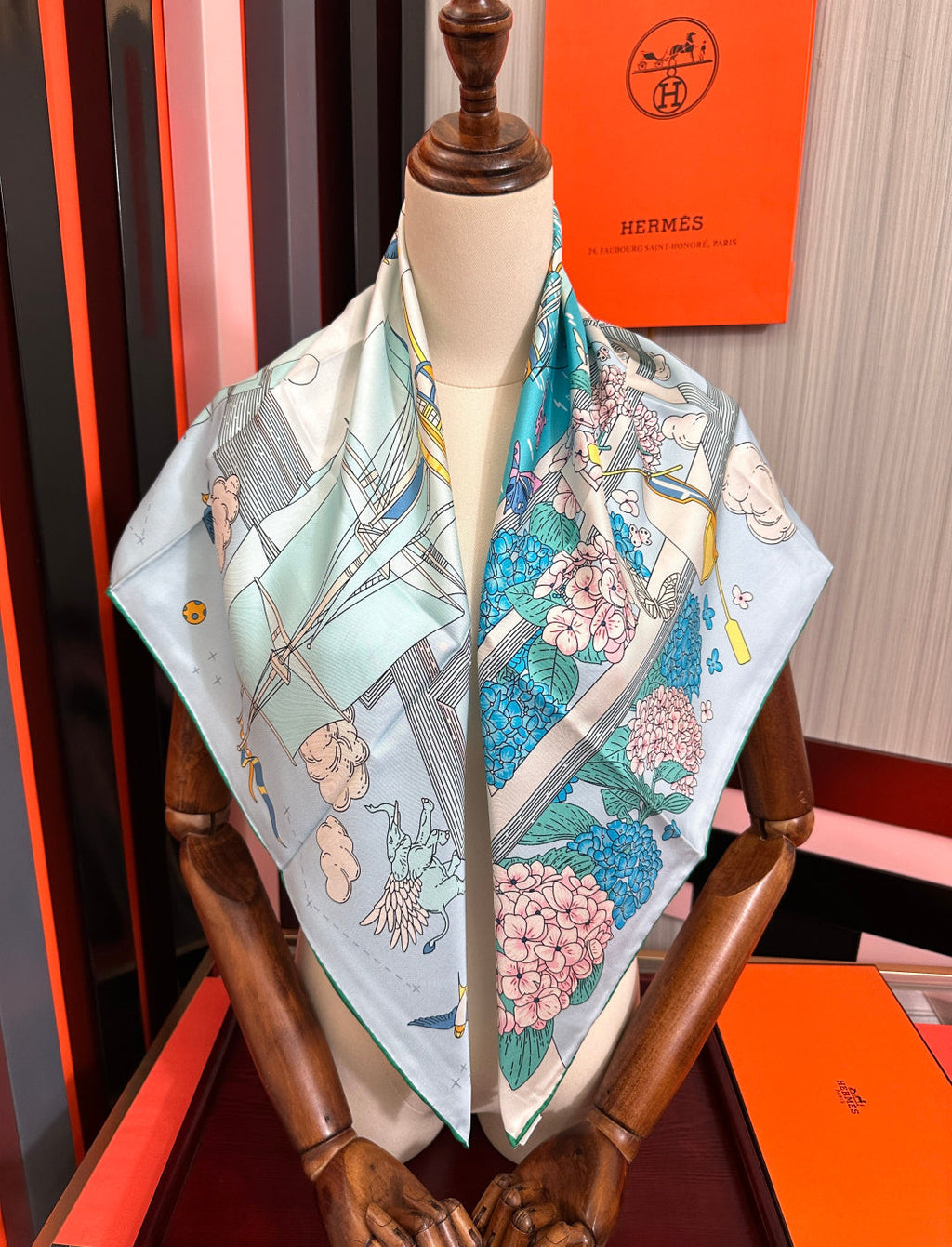 Hermes Style Poetic Journey Silk Scarf - Blue - Detail Image 7