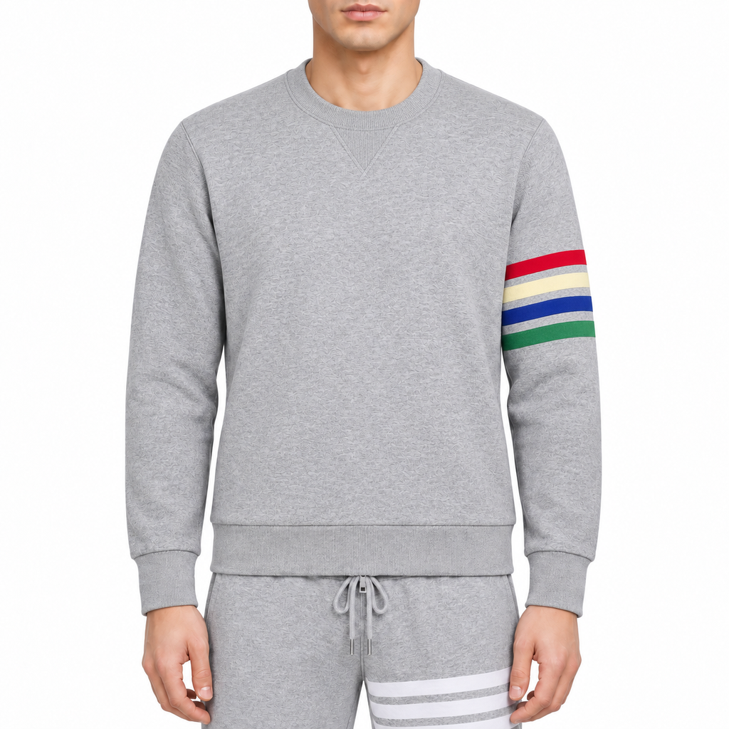 Rainbow Four poles Hoodie by Thom Browne, modeled on a pure white background