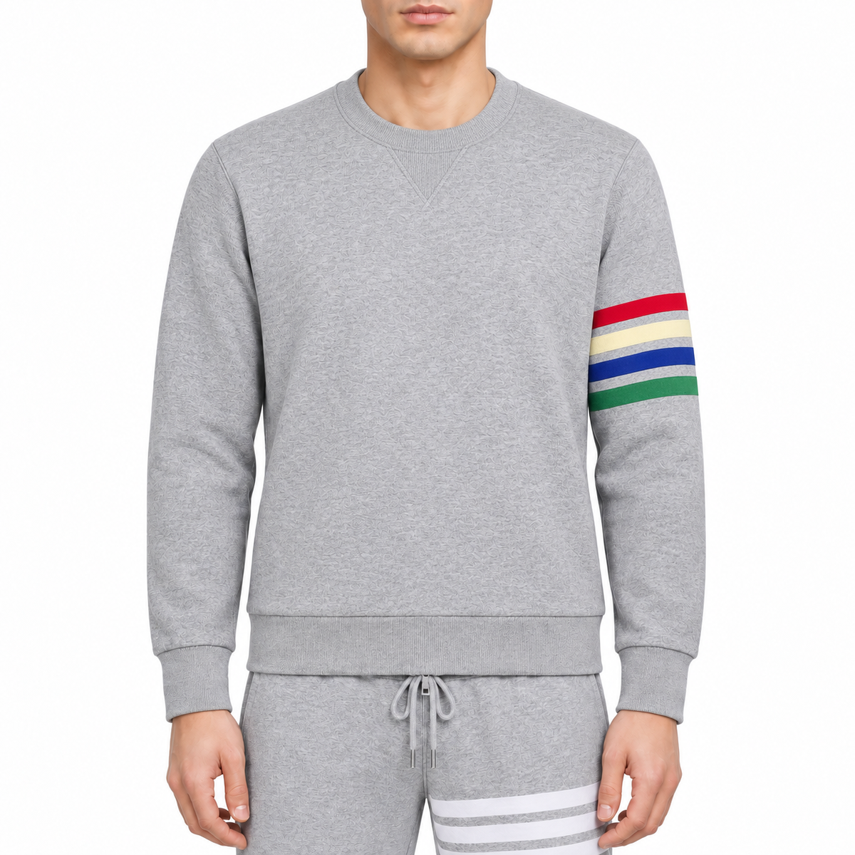 Rainbow Four poles Hoodie by Thom Browne, modeled on a pure white background