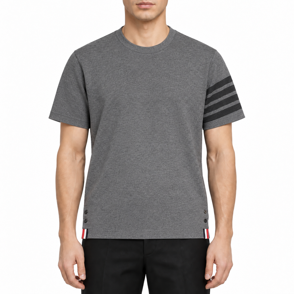 Solid color T-shirt by Thom Browne, modeled on a pure white background