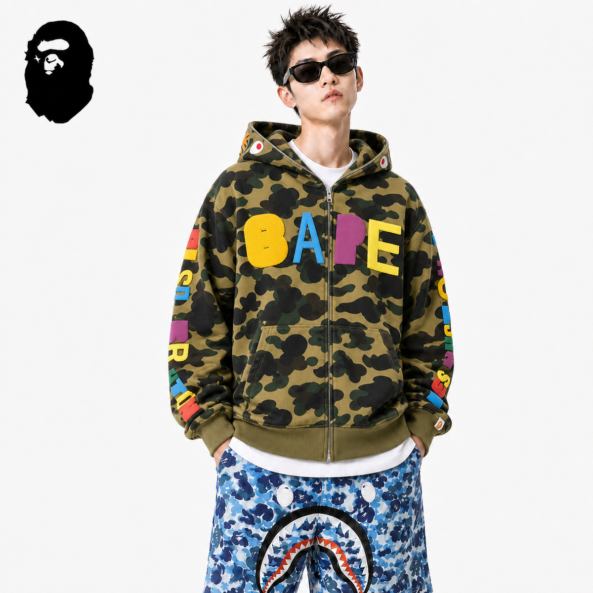 BAPE ABC Camo Logo Hoodie - Blue & Green styled on a male model