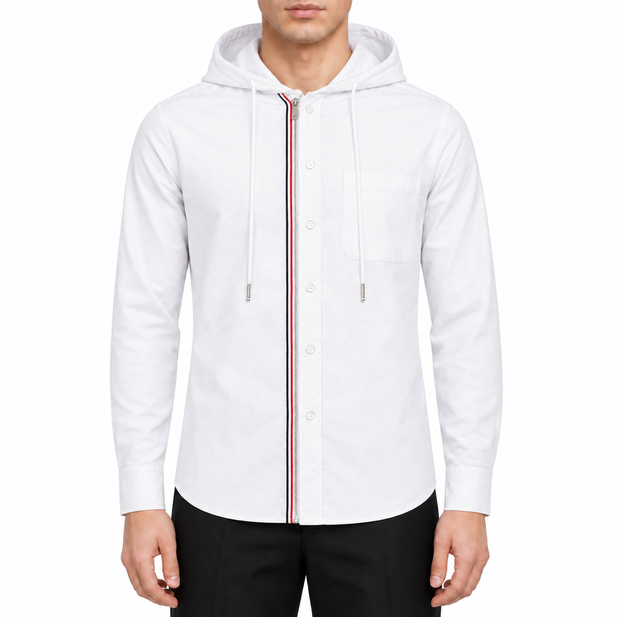 Hooded shirt by Thom Browne, modeled on a pure white background