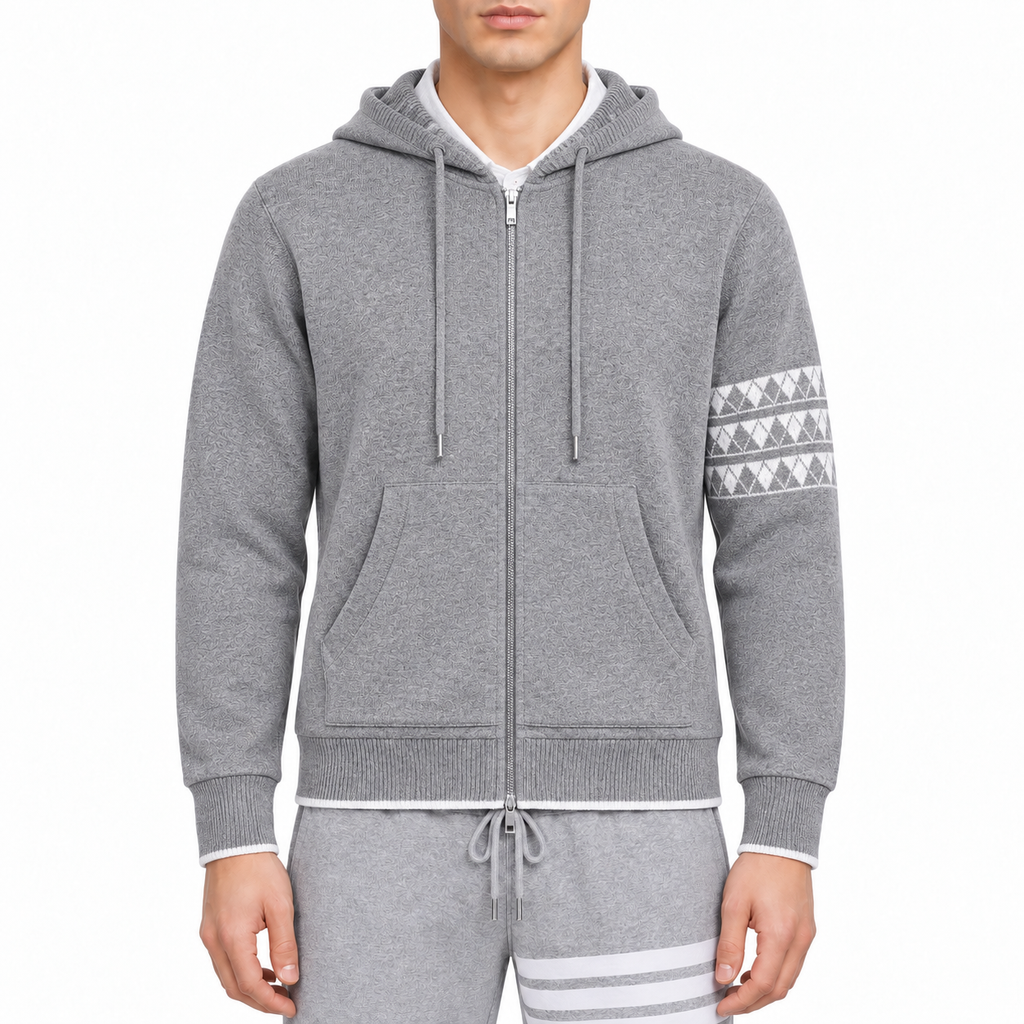 puppy Couples Hoodie by Thom Browne, modeled on a pure white background