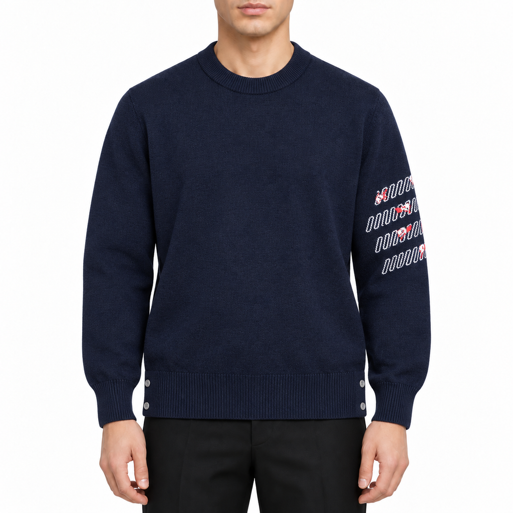 Men's Sweater by Thom Browne, modeled on a pure white background