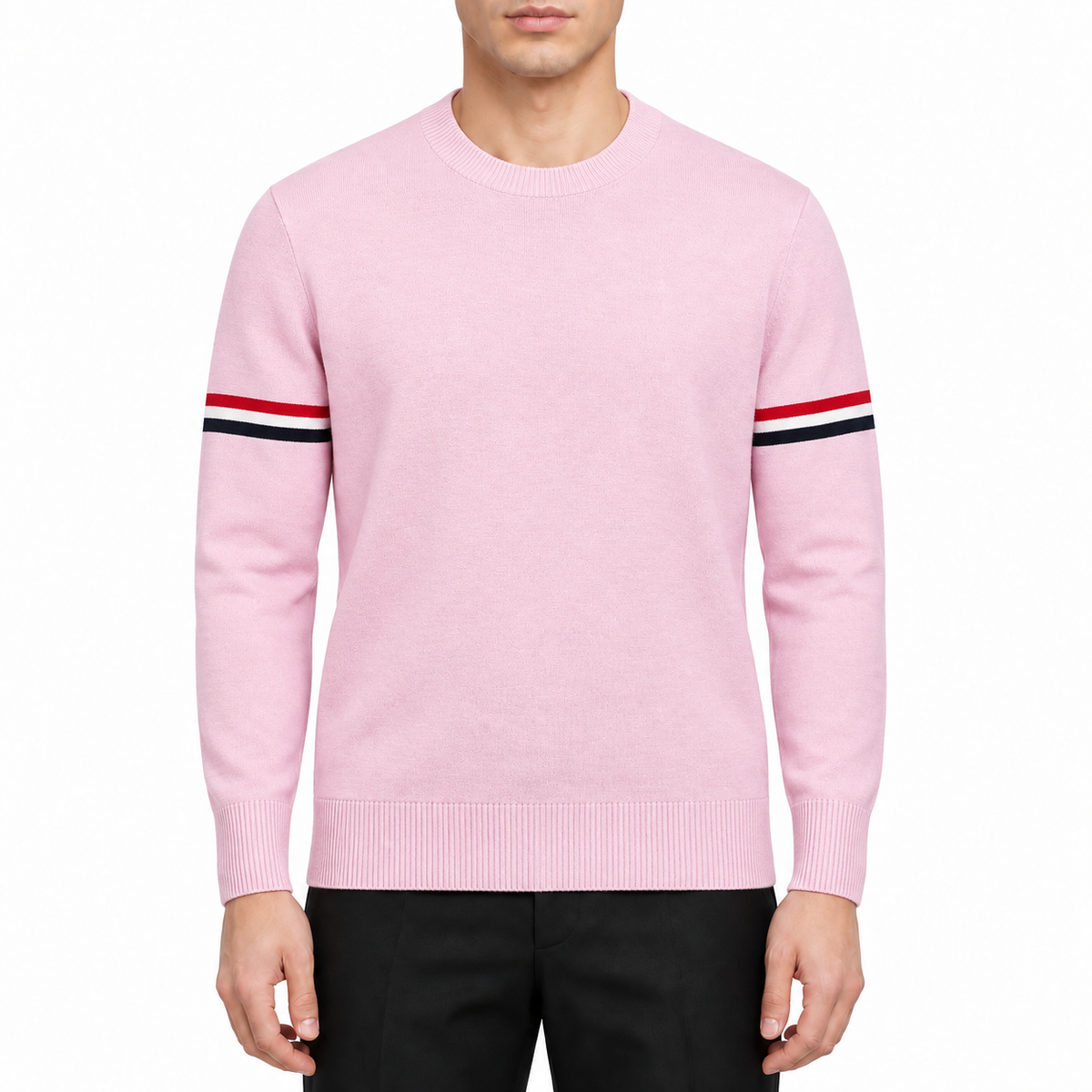 Men's sweater by Thom Browne, modeled on a pure white background
