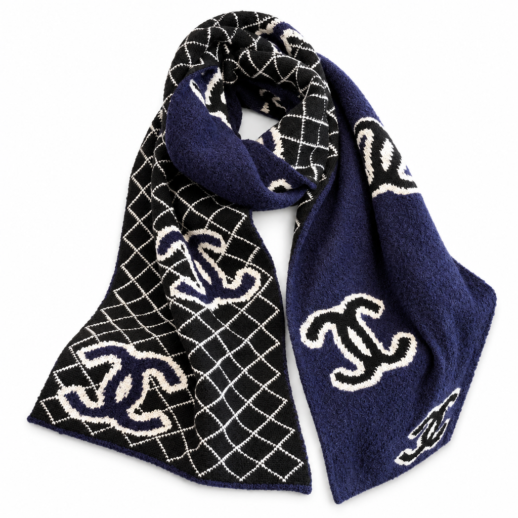 Chanel Style Reversible Plush Diamond Logo Scarf in Navy