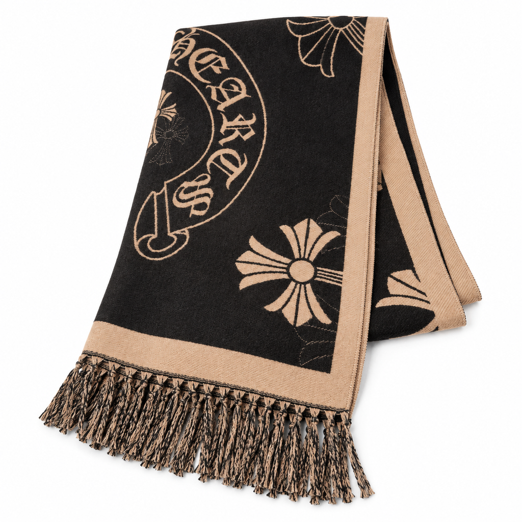 Chrome Hearts Style Cross Emblem Fringe Scarf in Ivory