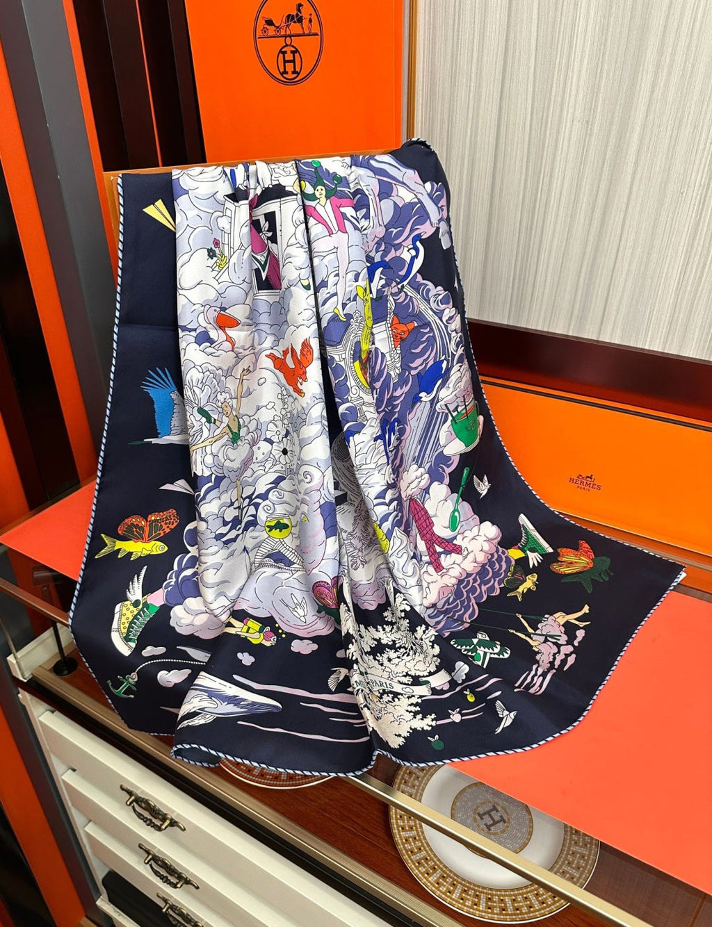 Hermes Style My Cloudscape Silk Scarf - Navy - Detail Image 5