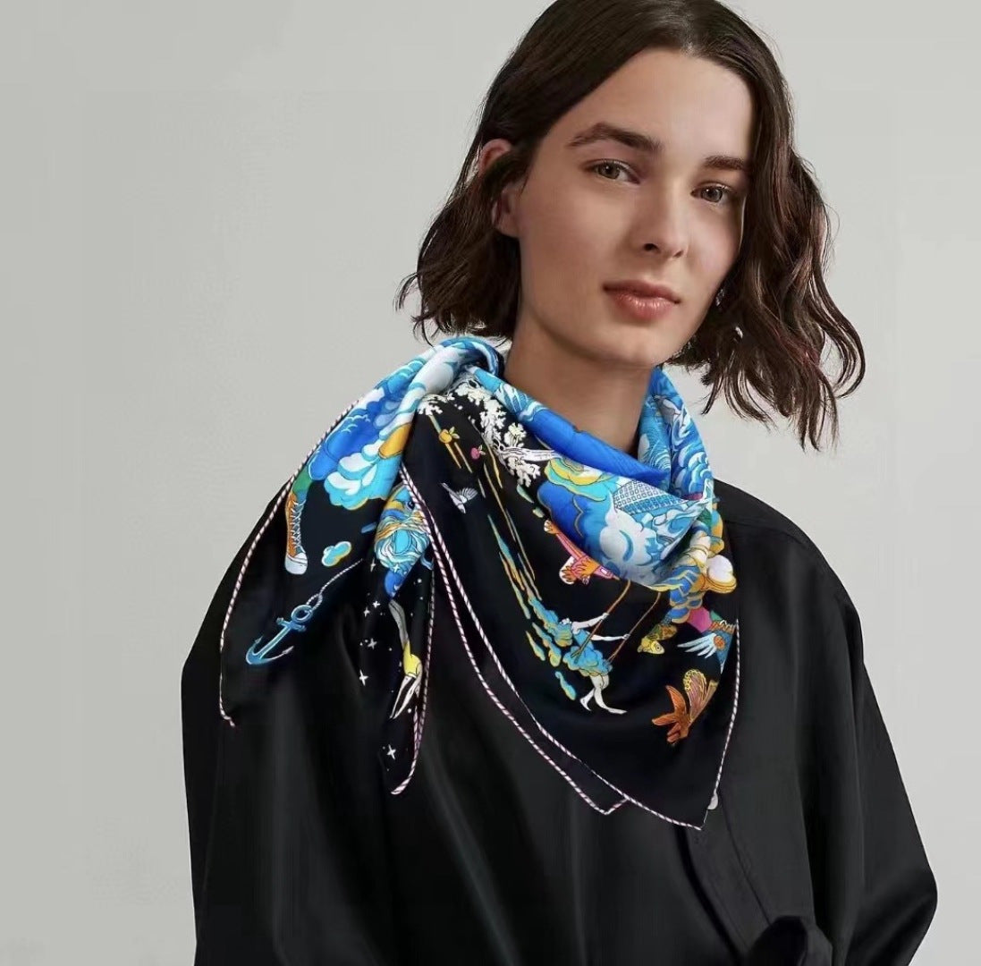 Hermes Style My Cloudscape Silk Scarf - Navy - Model Worn Main Image