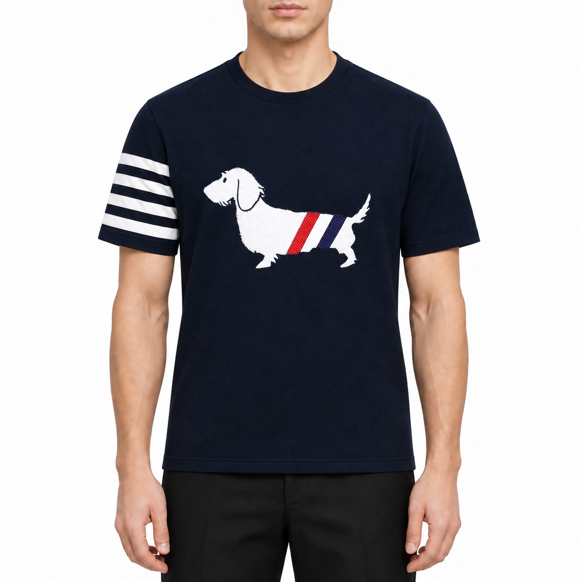 Puppy T-shirts by Thom Browne, modeled on a pure white background