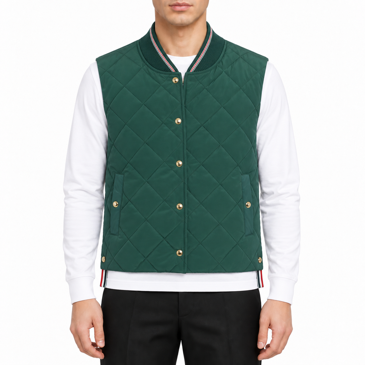 Unisex sleeveless vest jacket by Thom Browne, modeled on a pure white background