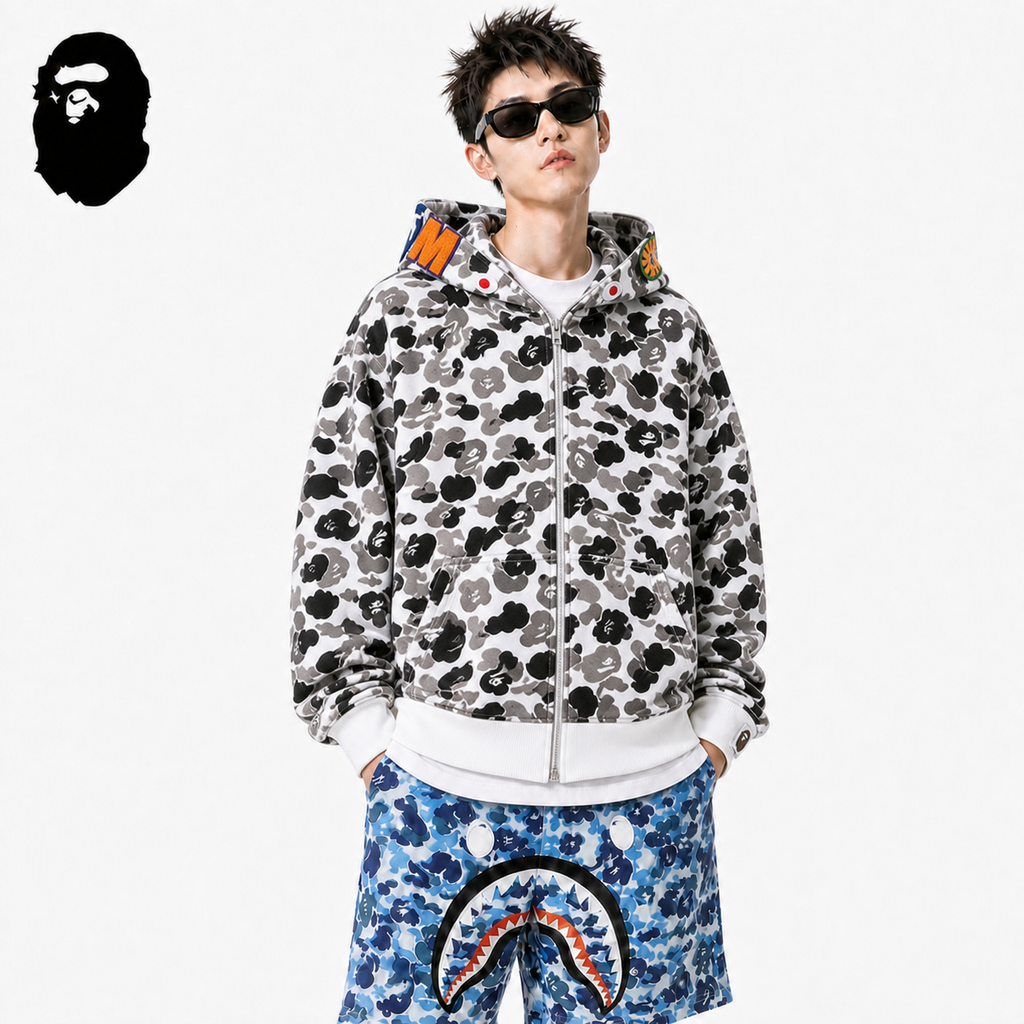 BAPE WGM Camo Shark Hoodie - Green & Grey styled on a male model