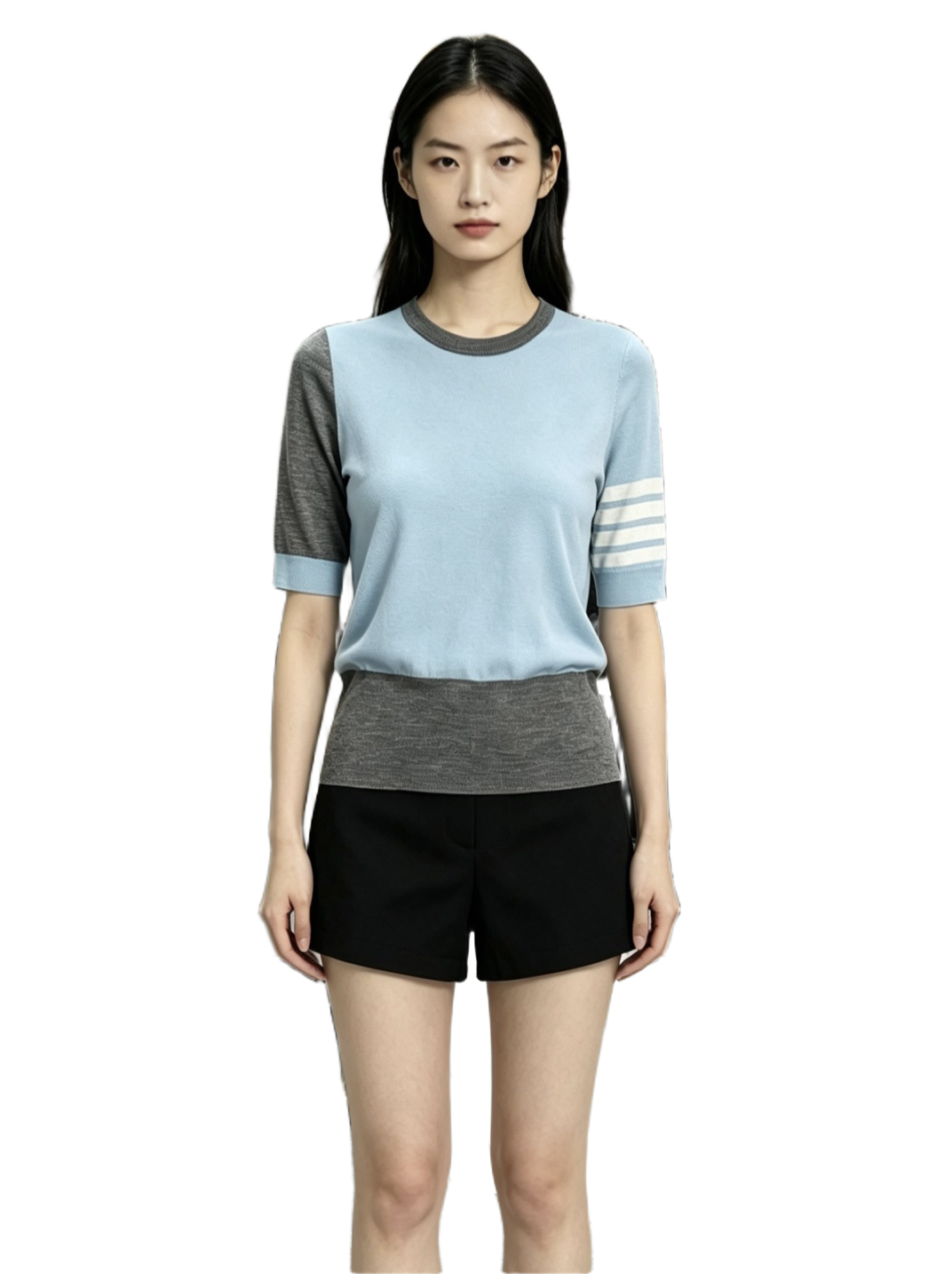 Color-Block Crew-Neck Short-Sleeve Knit Top