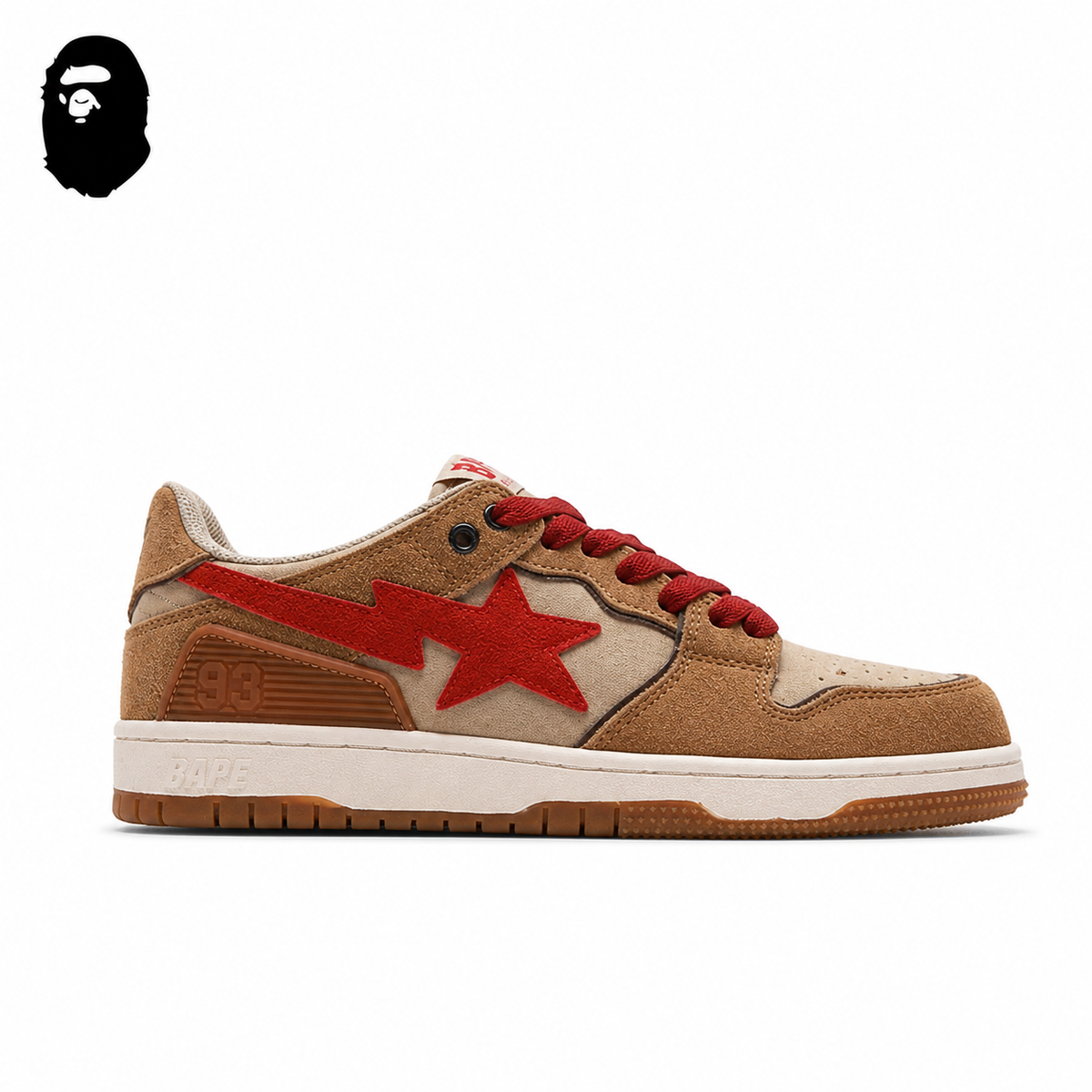 Human Made x BAPE STA SK8 Sneakers - Brown/Red, single side view on a white background