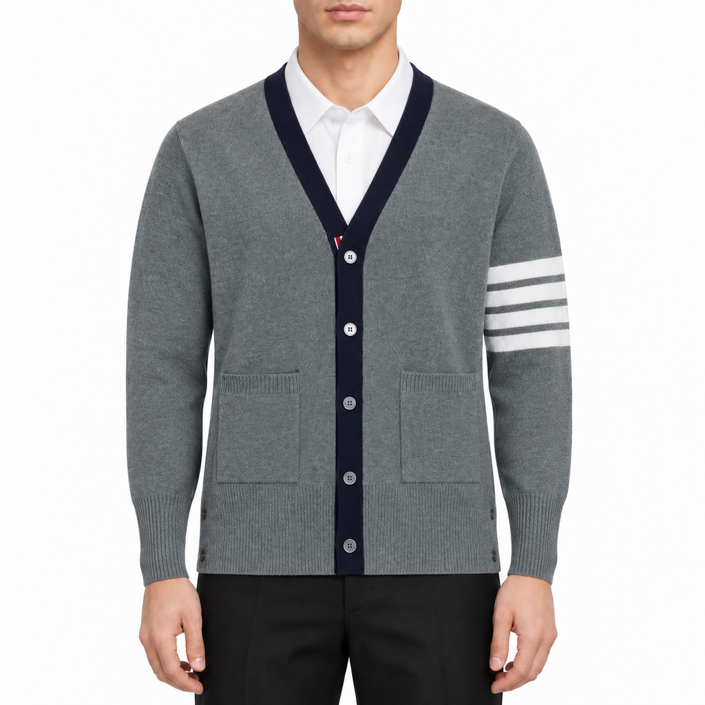 Unisex cardigan by Thom Browne, modeled on a pure white background