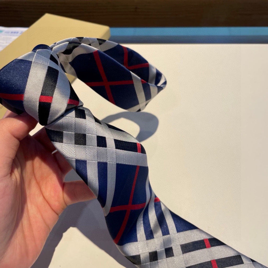 Burberry Style Men's Classic Check Silk Tie - Detail Image 5