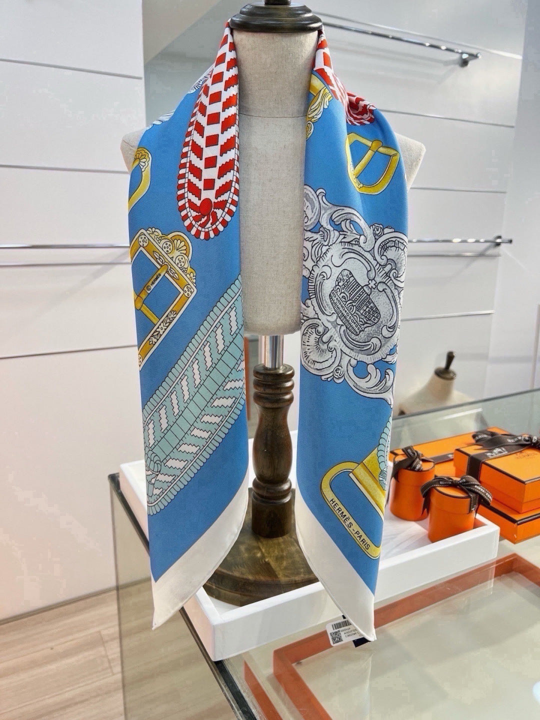 Hermes Style Boucles et Sangles Equestrian Silk Scarf - Blue - Detail Image 5