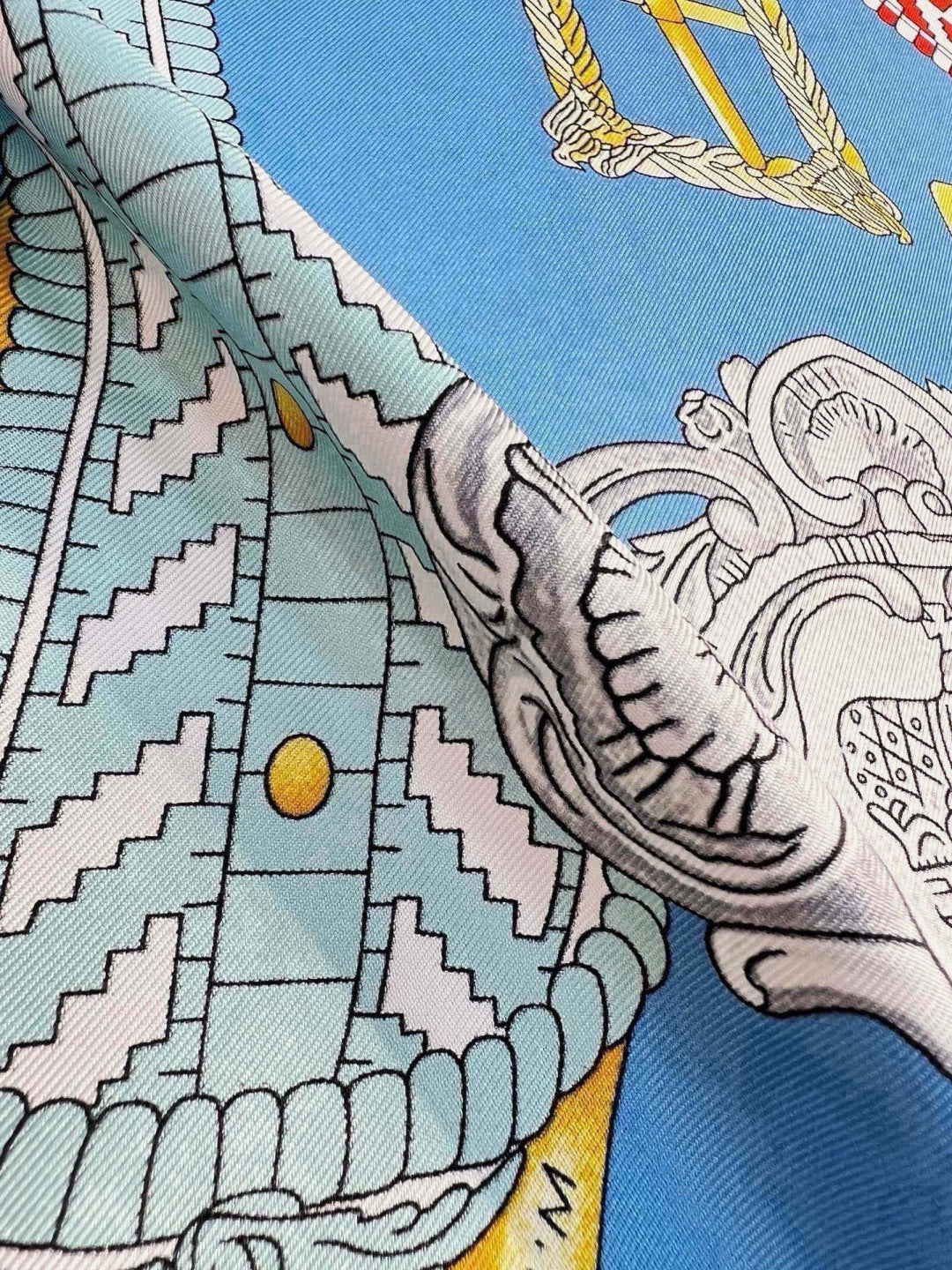 Hermes Style Boucles et Sangles Equestrian Silk Scarf - Blue - Detail Image 8
