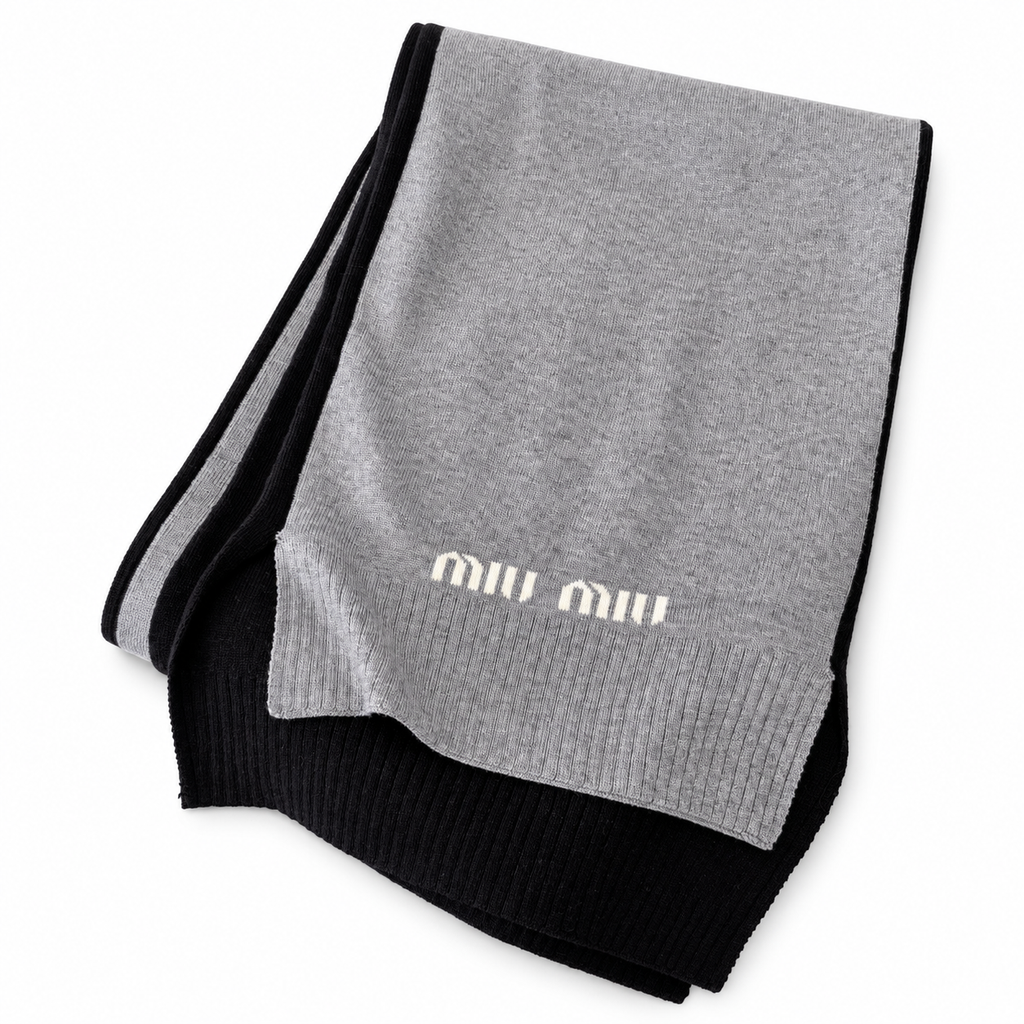 Miu Miu Style Two-Tone Rib-Knit Scarf in Gray