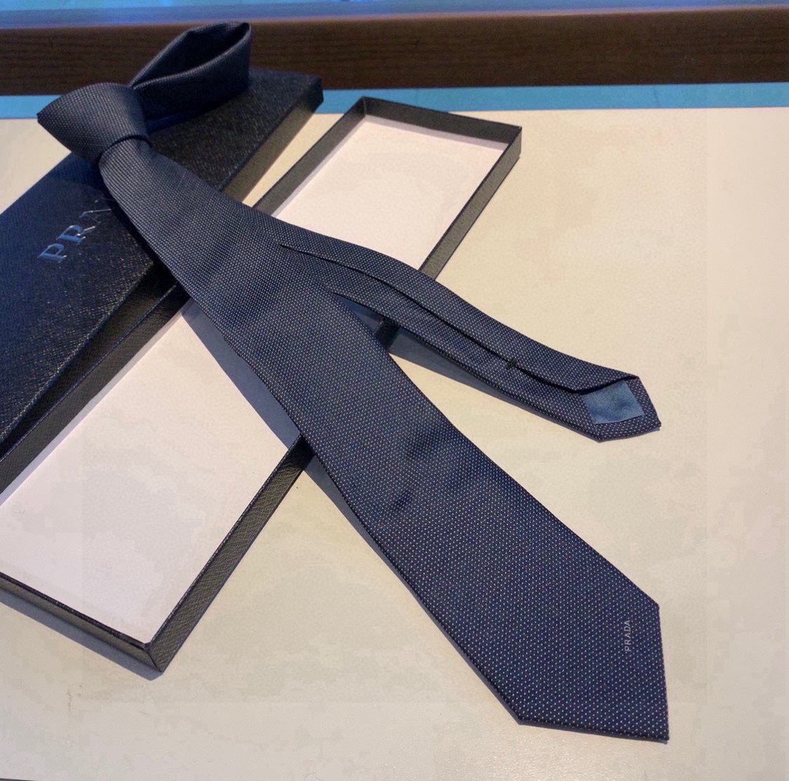 Prada Style Men's Solid Navy Silk Tie - Detail Image 3