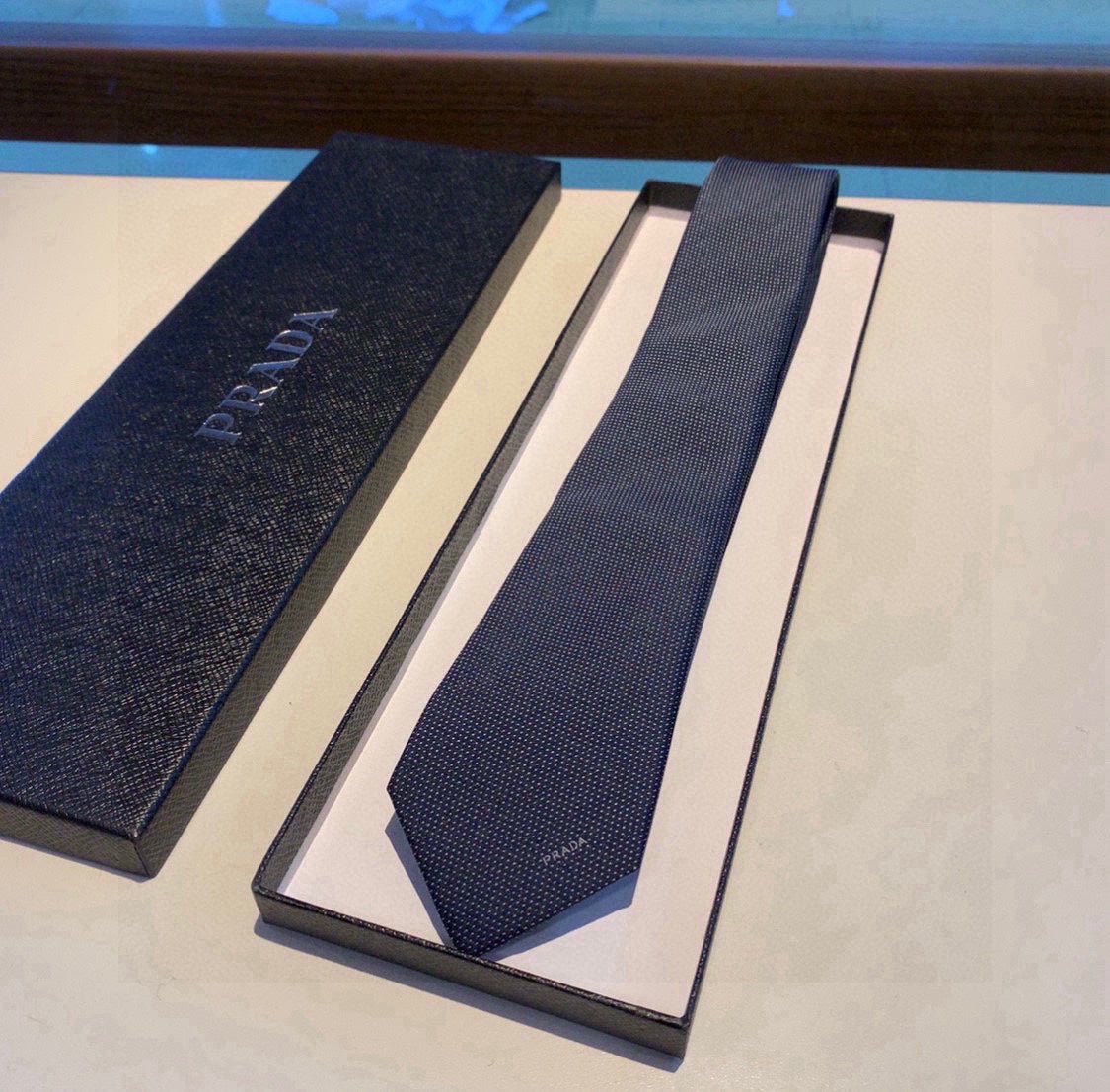 Prada Style Men's Solid Navy Silk Tie - Detail Image 7