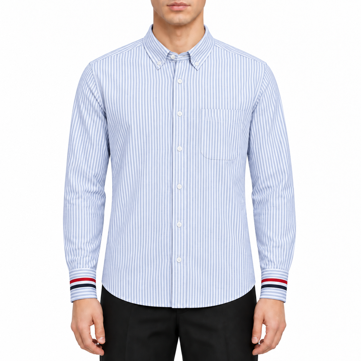 Men's Classic Oxford Shirt — Blue & Grey by Thom Browne, modeled on a pure white background