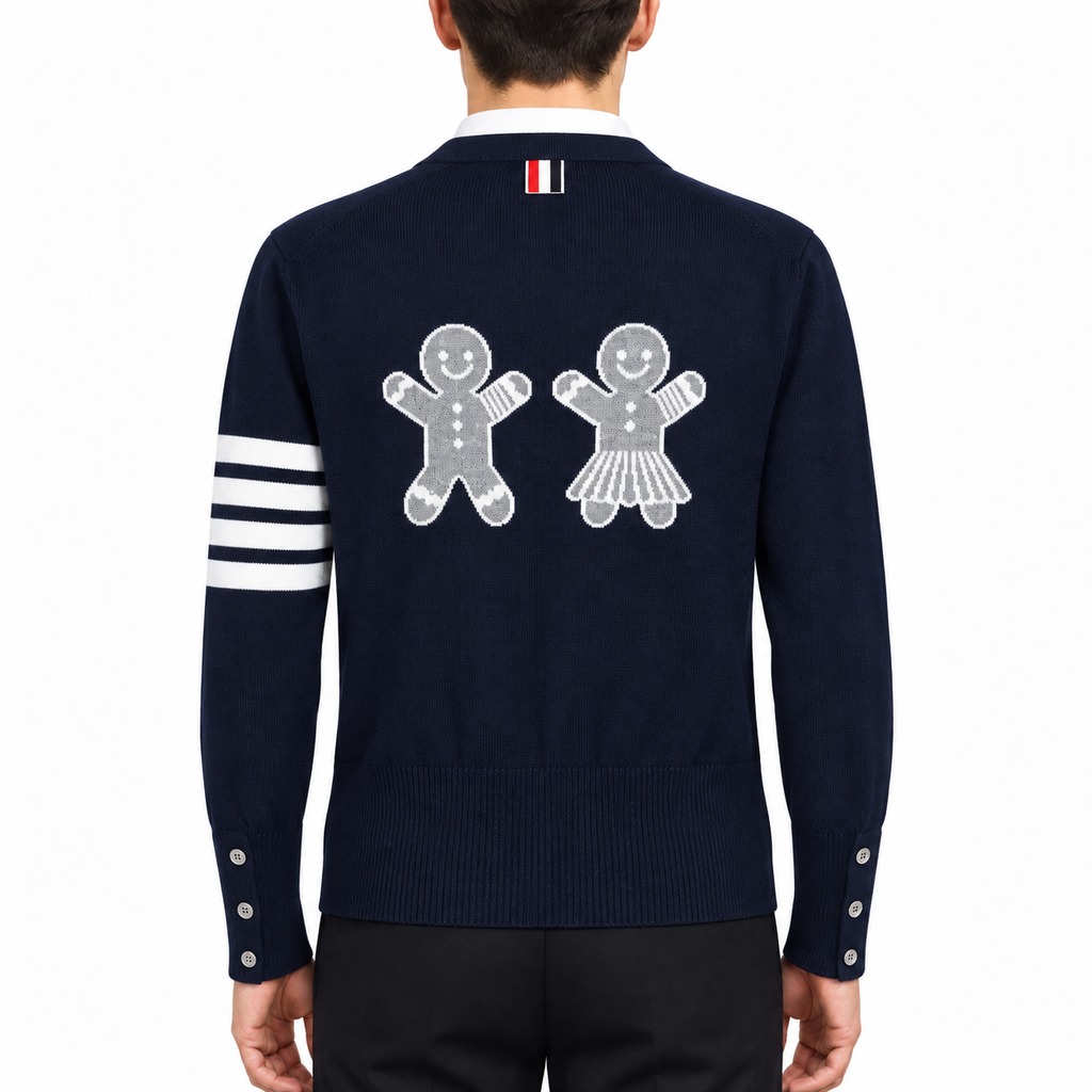Biscuit Man Cardigan by Thom Browne, modeled on a pure white background