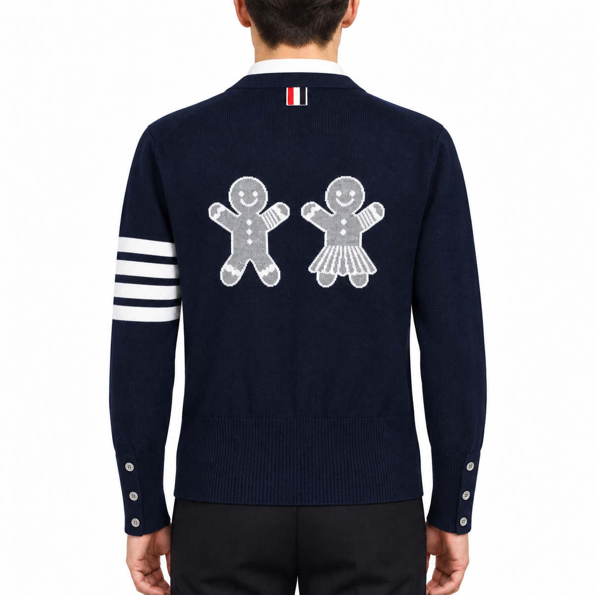 Biscuit Man Cardigan by Thom Browne, modeled on a pure white background