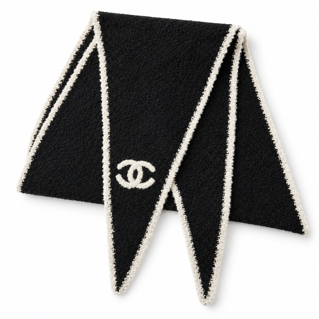 Chanel Style Fuzzy Triangle Logo Scarf in Black and Ivory