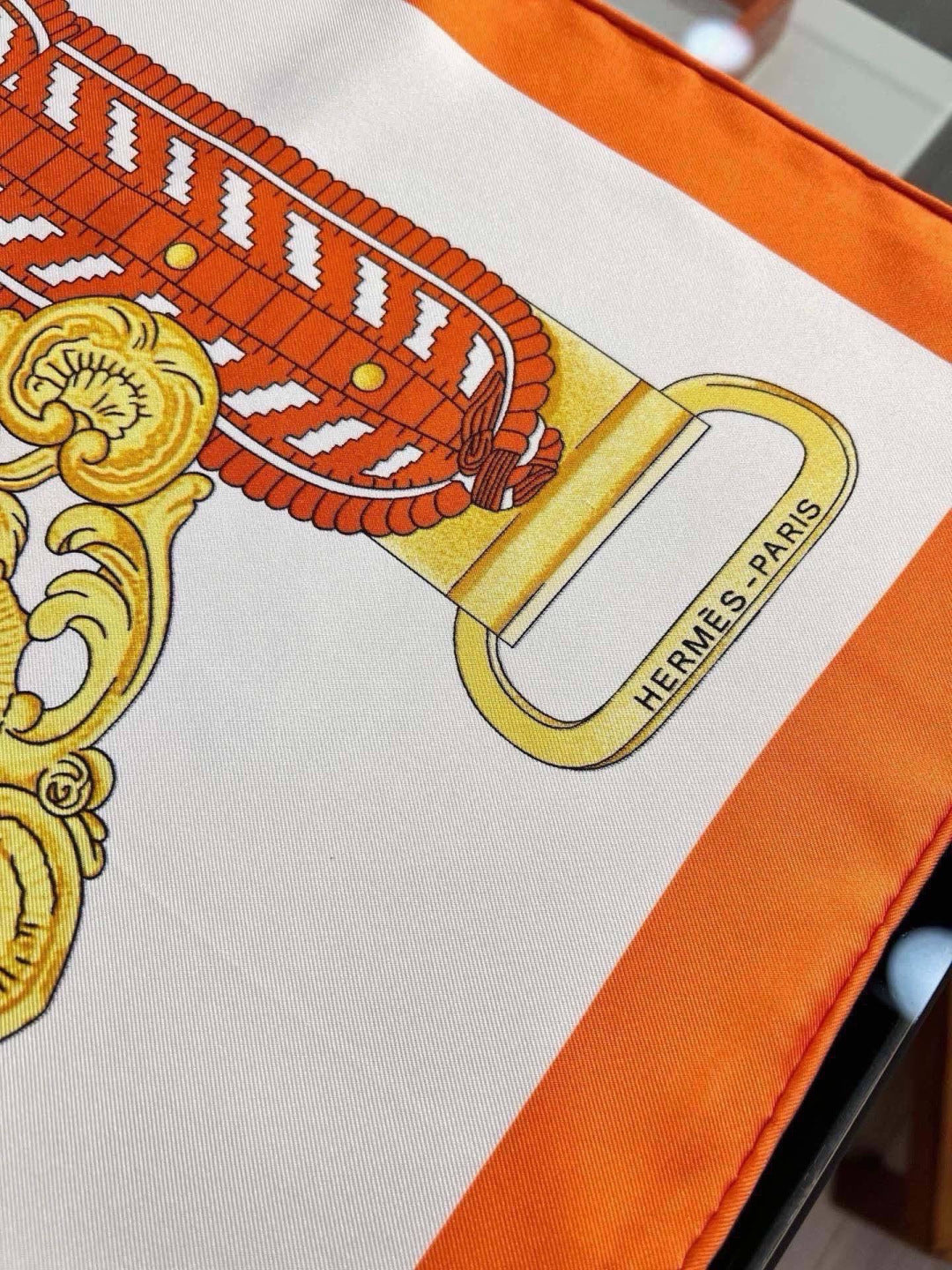 Hermes Style Boucles et Sangles Equestrian Silk Scarf - Orange - Detail Image 4