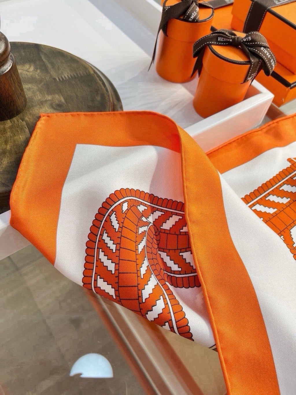 Hermes Style Boucles et Sangles Equestrian Silk Scarf - Orange - Detail Image 6